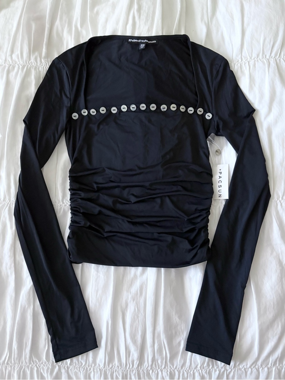 NWT PacSun Black Long Sleeve Ruched Crop Top with Button Trim